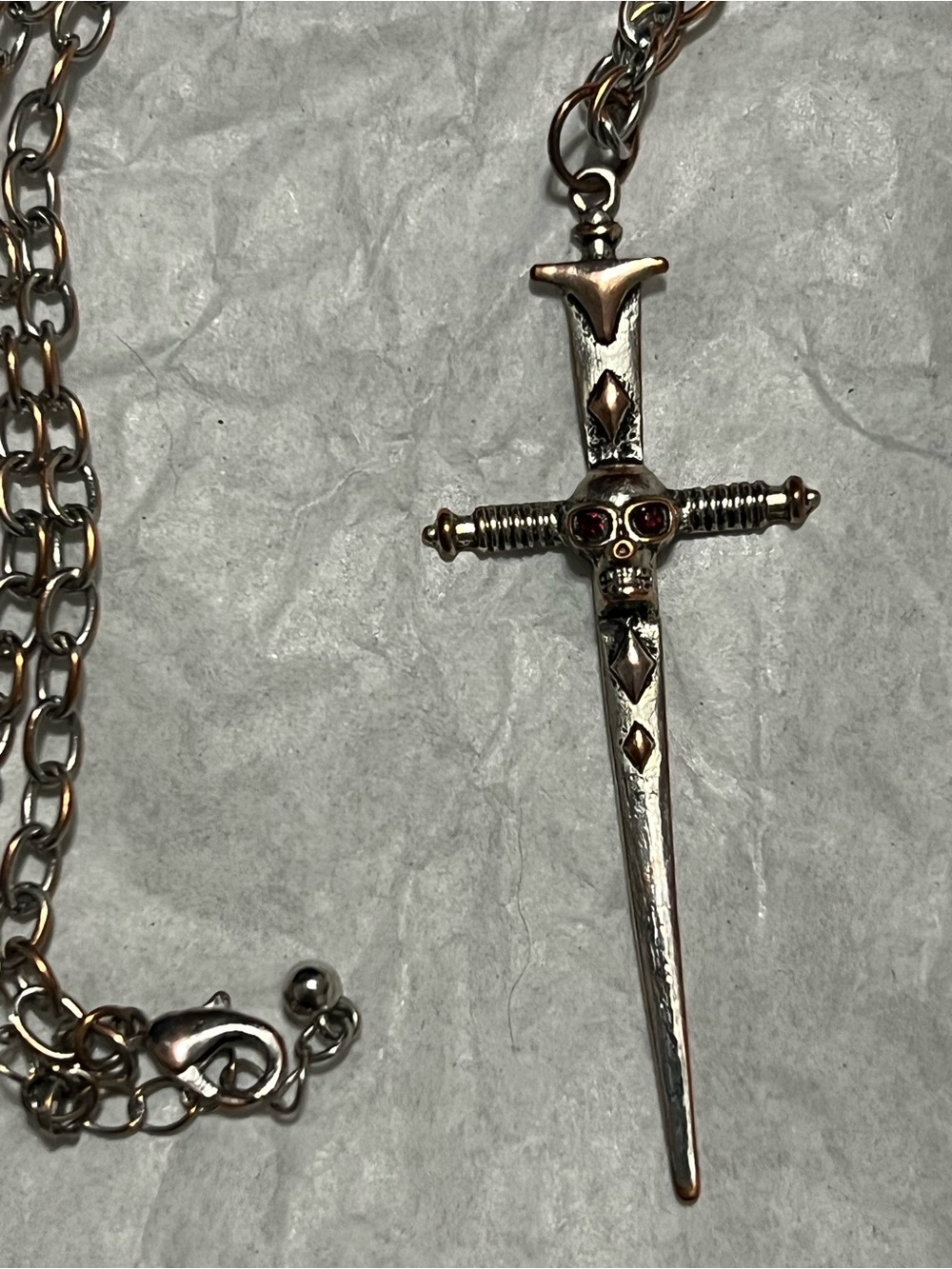 Skull Sword Cross Pendant Necklace Red Rhinestone Eyes Gothic Silver Tone